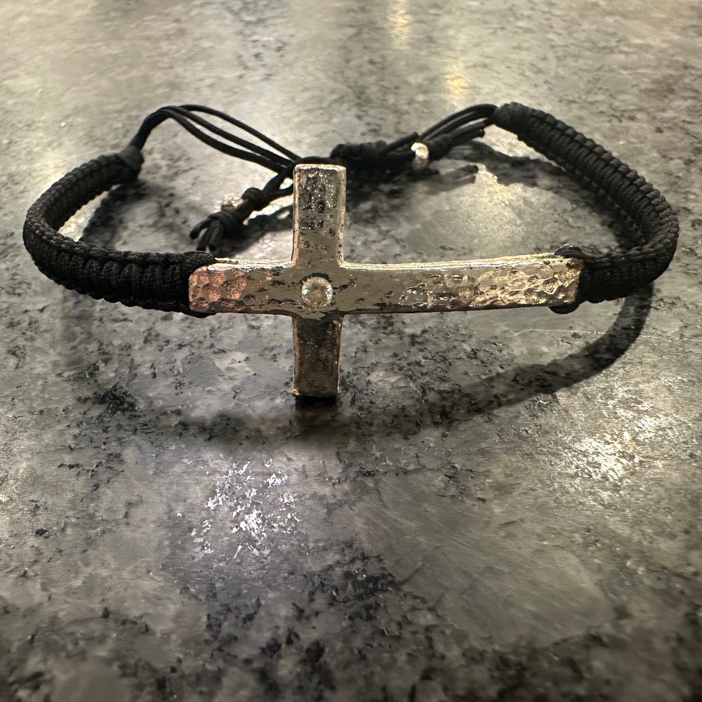 Silver Cross with Black Cord Bracelet